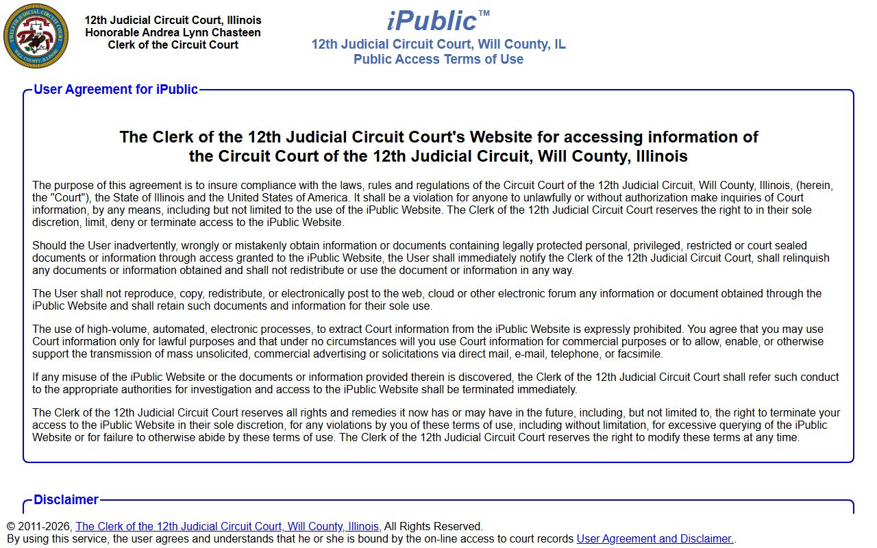 Will County 12th Judicial Circuit public access portal for Joliet civil court records