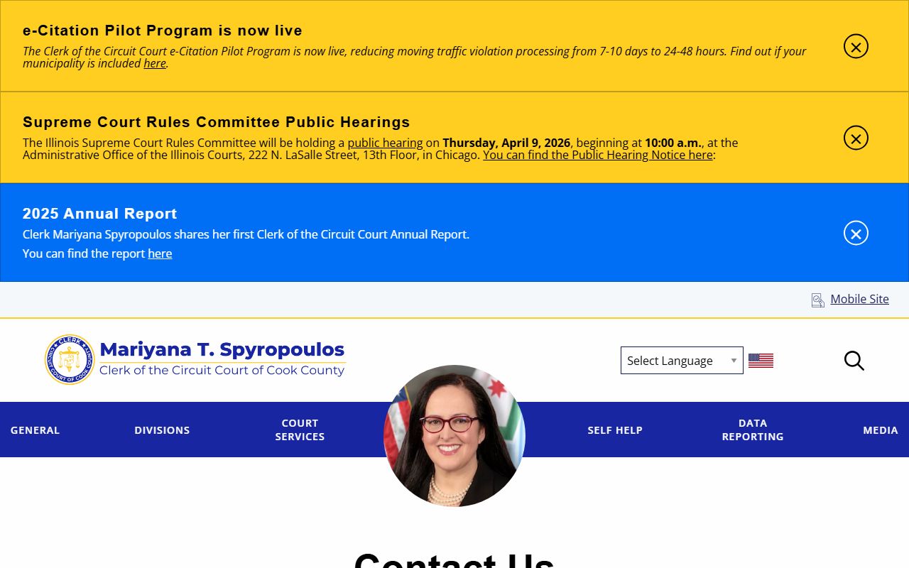 Cook County Clerk contact page for civil court records inquiries