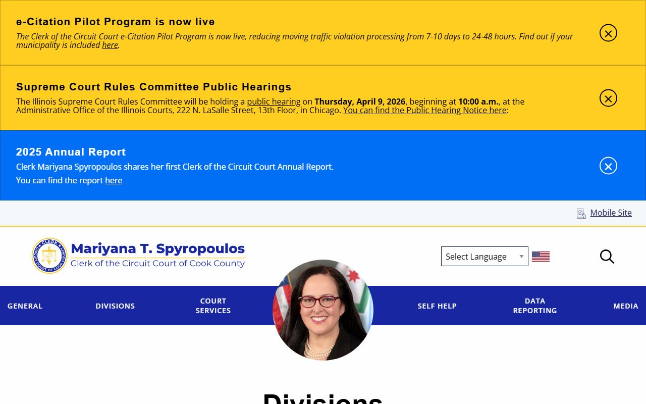 Cook County Circuit Court divisions page for civil court records