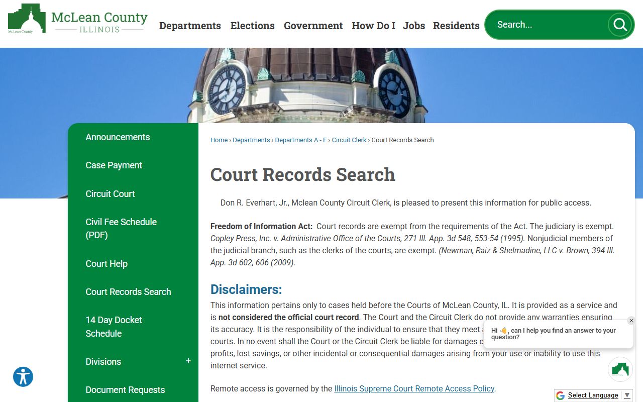 McLean County Circuit Clerk court records search portal in Bloomington, Illinois
