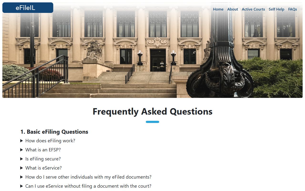 eFileIL FAQ page explaining how electronic filing works for civil court cases